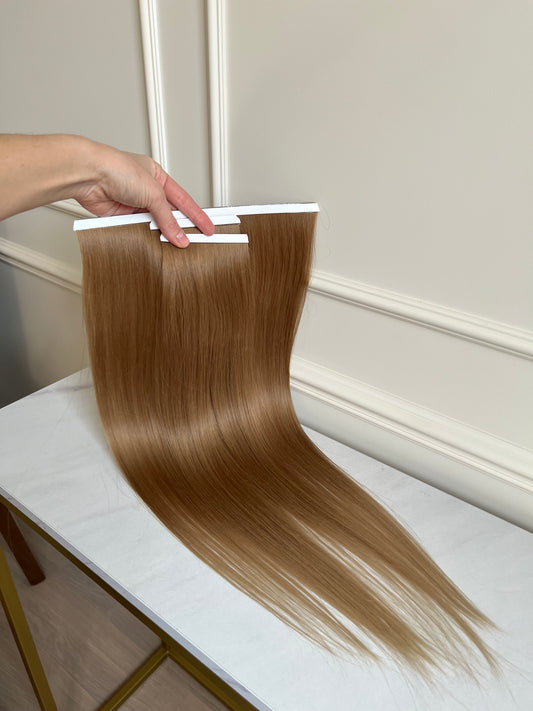 Doczepiane naturalne włosy na taśmie zestaw do domowego założenie 60 cm 80 g Ciemny Blond końcówki jaśniejsze