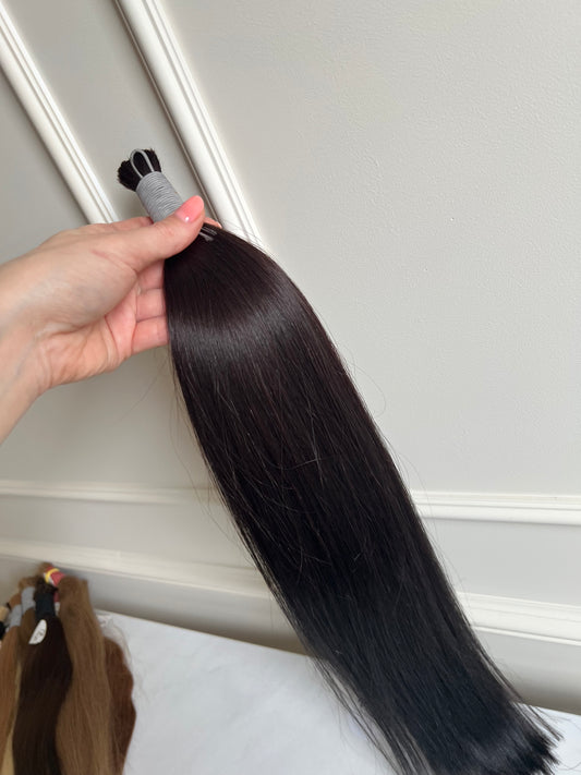 Włosy naturalne słowiańskie do przedłużania cięte z jednej głowy 56cm 95g Bardzo ciemny brąz 1B