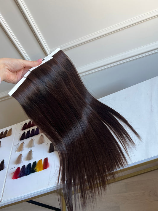 Naturalne włosy ciemnobrązowe na taśmy biotape 50cm 95g zestaw 3szt