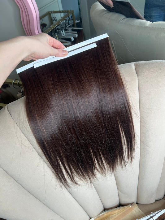 Ciemny brąz włosy doczepiane naturalne słowiańskie Bio taśmy 45 cm 74 g