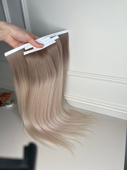 Doczepiane włosy naturalne Sowieckie ombre 53 cm 119 g biotape zestaw 4 taśmy