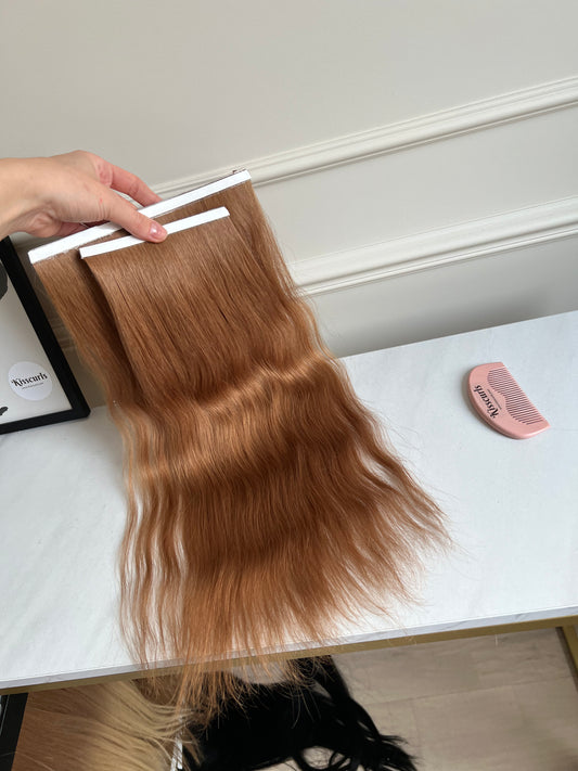 Włosy naturalne doczepiane słowiańskie na taśmie bio tape rude 45cm 54g 2szt Falowane