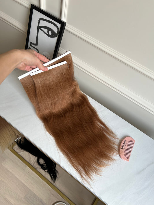 Włosy naturalne doczepiane słowiańskie na taśmie bio tape rude 45cm 54g 2szt Falowane