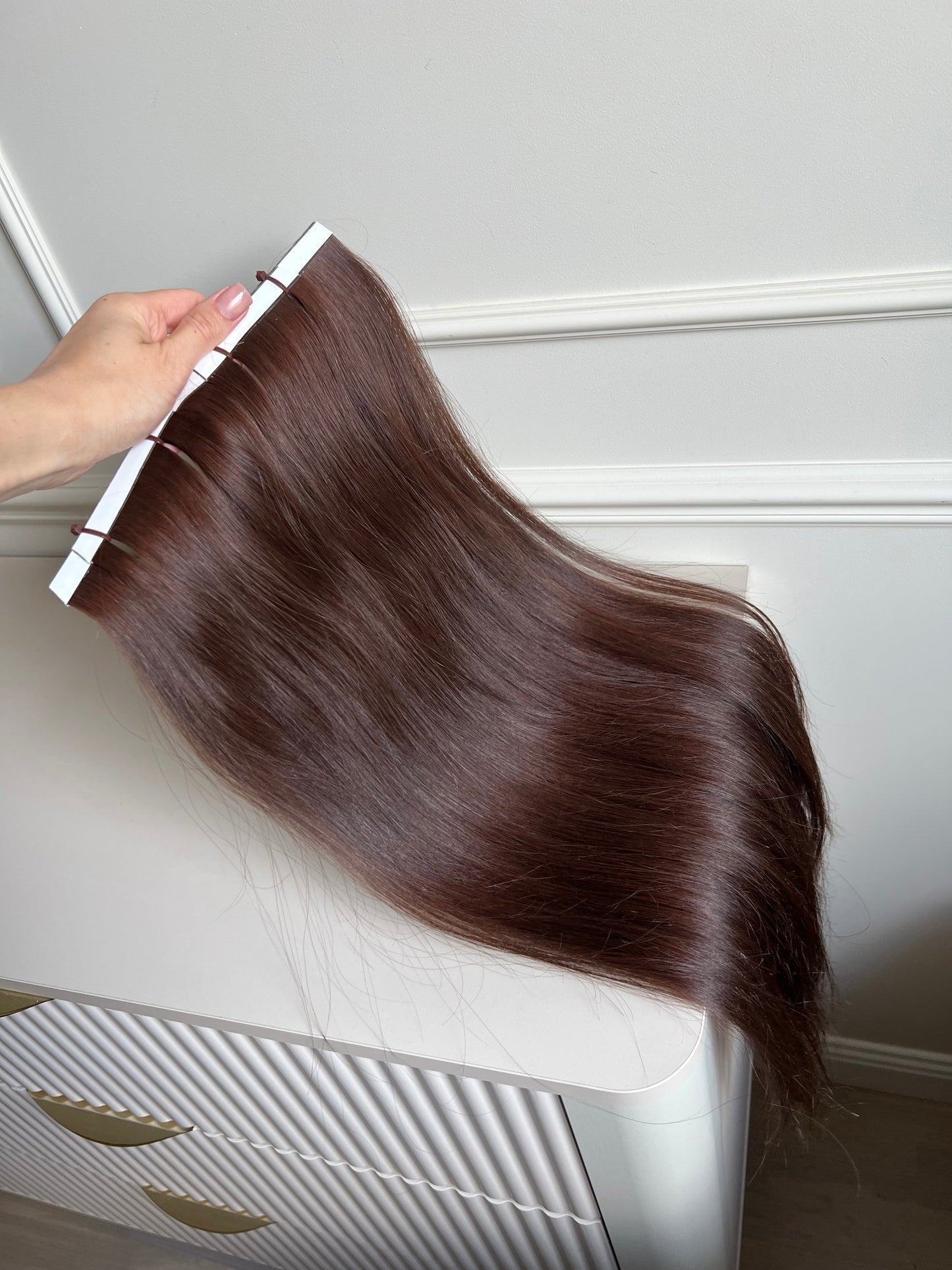 Doczepiane włosy naturalne średni Brąz 63 cm 106 g Bio taśmy