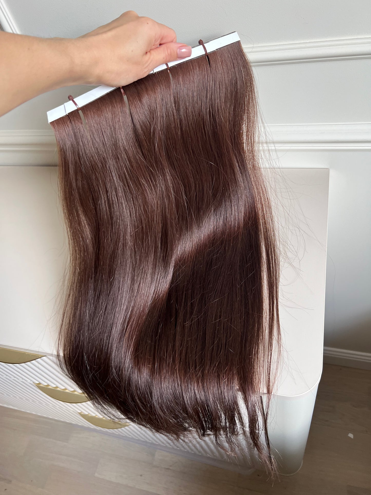 Doczepiane włosy naturalne średni Brąz 63 cm 106 g Bio taśmy