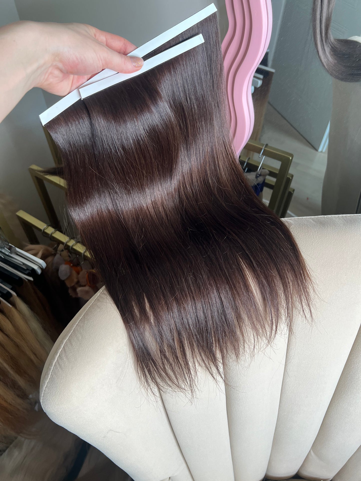 Ciemny brąz włosy doczepiane naturalne słowiańskie Bio taśmy 45 cm 74 g