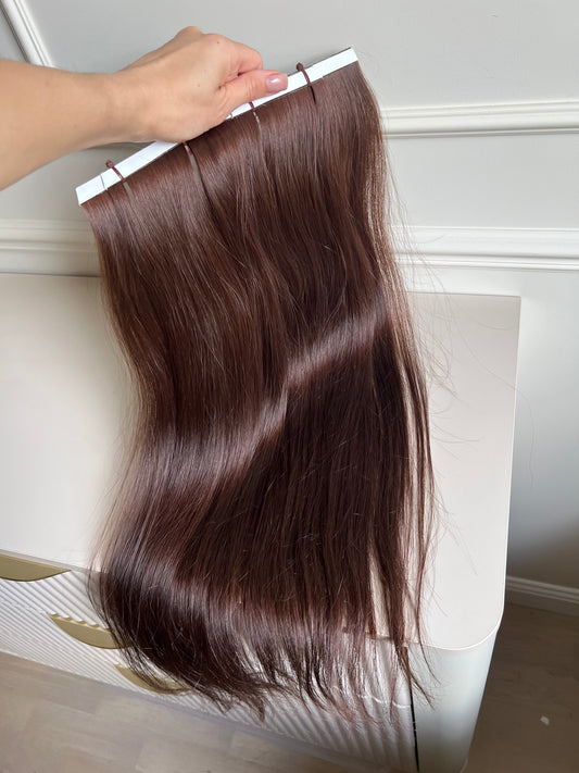 Doczepiane włosy naturalne średni Brąz 63 cm 106 g Bio taśmy