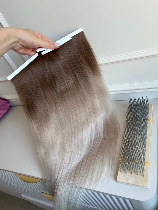 Włosy doczepiane słowiańskie naturalne chłodny Blond ombre biotaśmy 87 g 60 cm