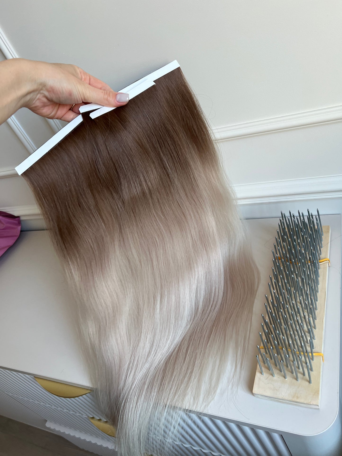 Włosy doczepiane słowiańskie naturalne chłodny Blond ombre biotaśmy 87 g 60 cm