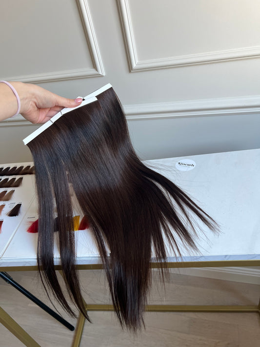 Naturalne włosy ciemnobrązowe na taśmy biotape 50cm 95g zestaw 3szt