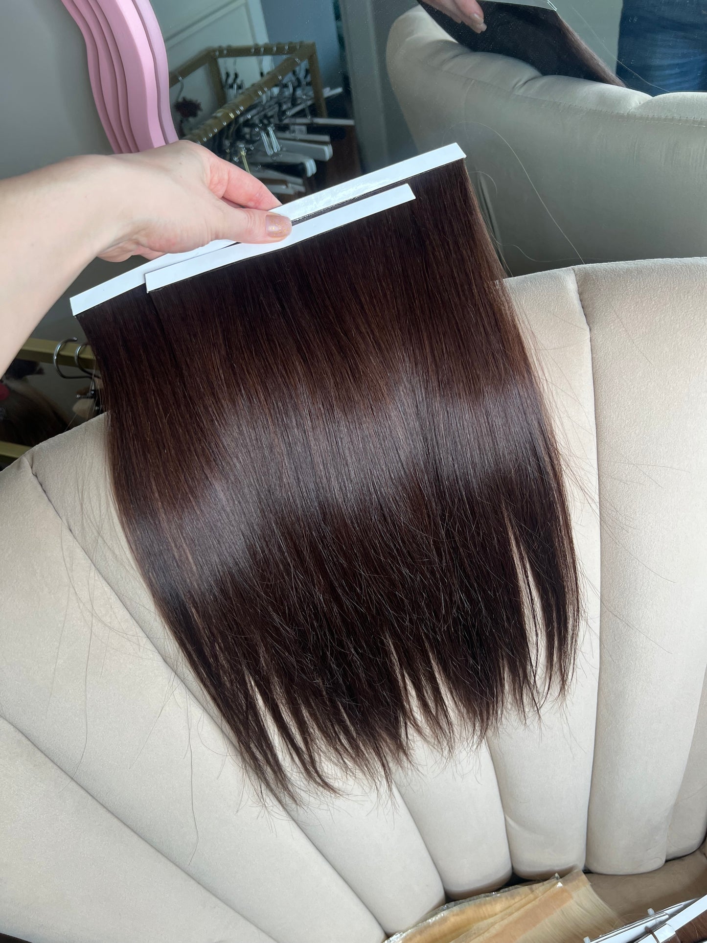 Ciemny brąz włosy doczepiane naturalne słowiańskie Bio taśmy 45 cm 74 g