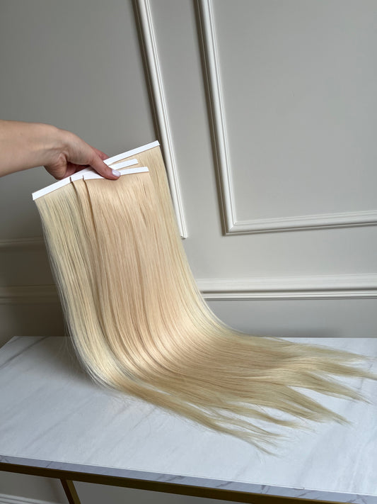 Włosy Naturalne doczepiane Słowiańskie biotape bio taśma zestaw 3 szt 65cm 102g Jasny Blond