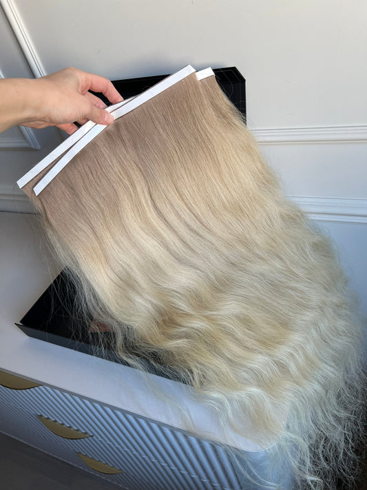Włosy doczepiane naturalne rozjaśnione z dziewiczych ombre ciepły Blond 60 cm 106 g