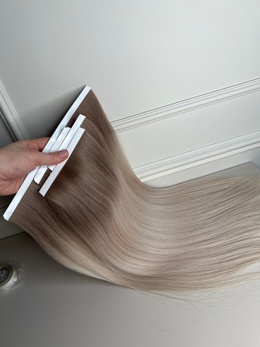 Doczepiane włosy naturalne Sowieckie ombre 53 cm 119 g biotape zestaw 4 taśmy