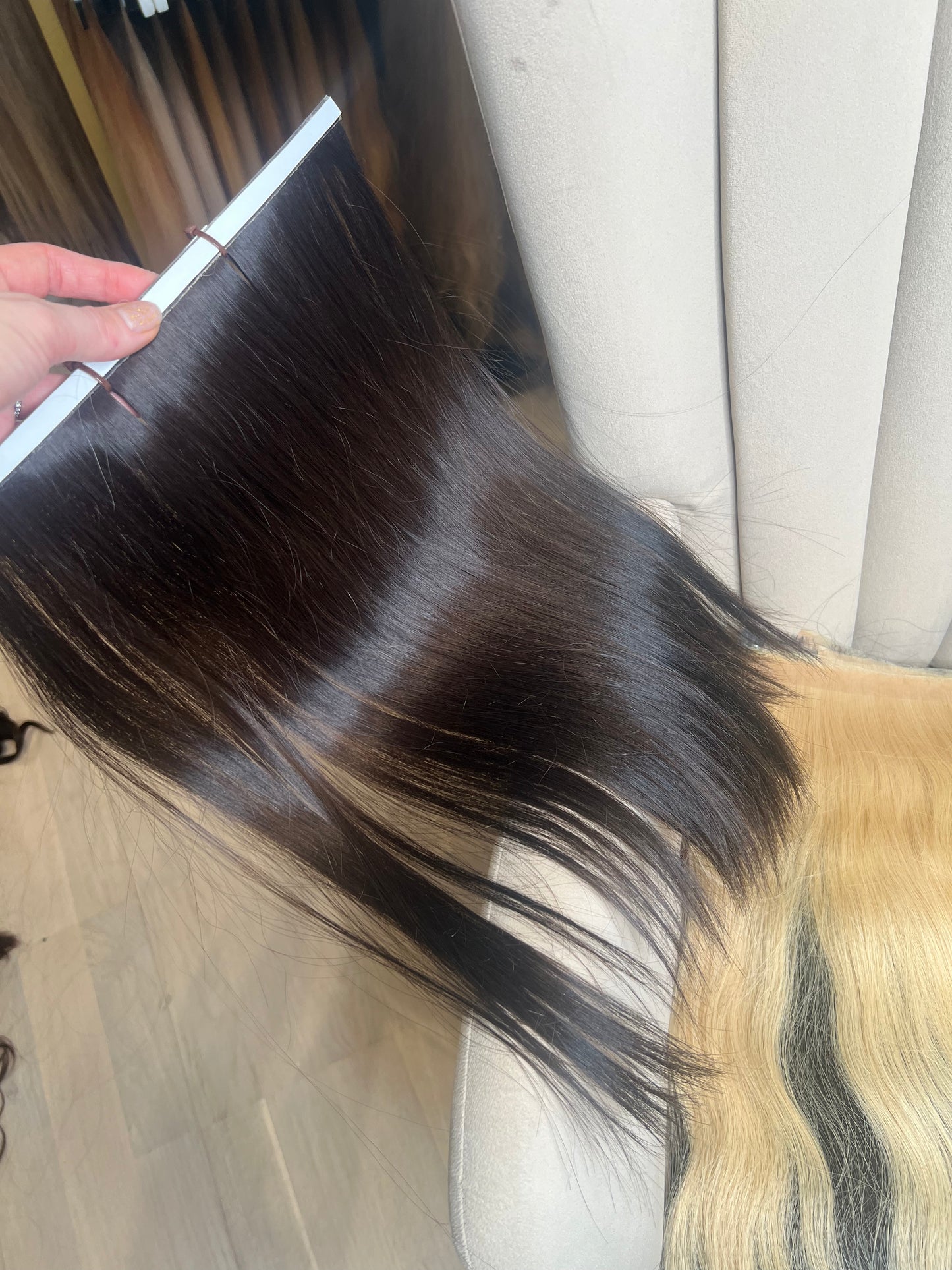 Long Tape Wefts, human hair, very dark cool brown, 41 cm, 81 g